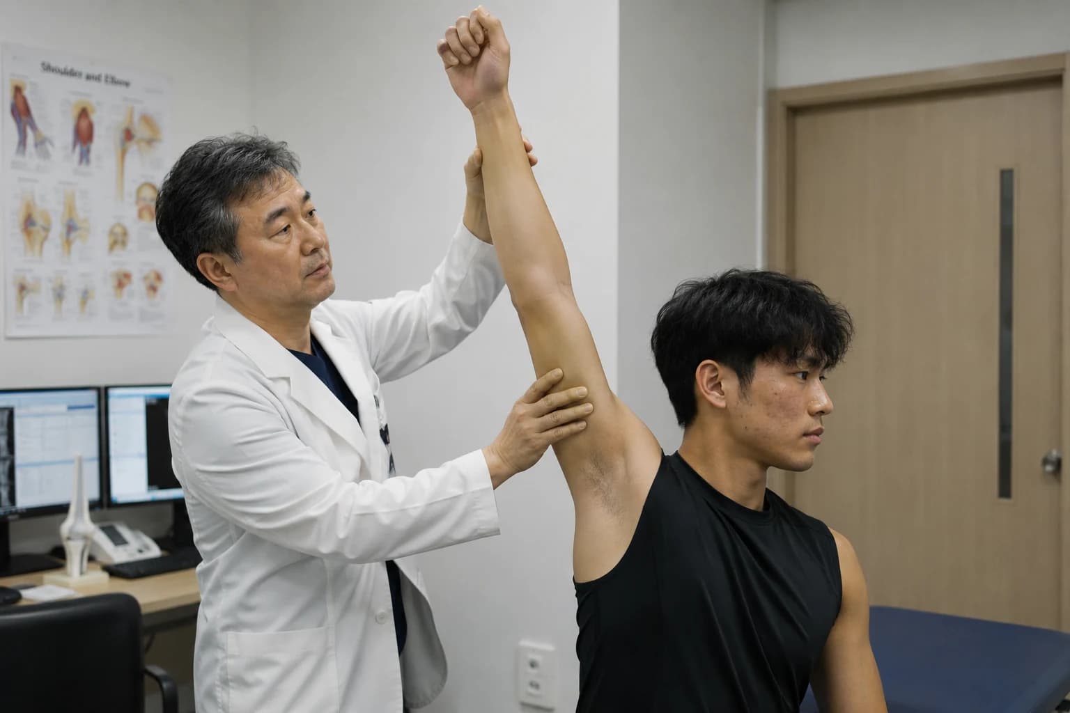 의료진이 환자의 팔을 들어 올려 어깨 가동범위를 확인하는 장면.