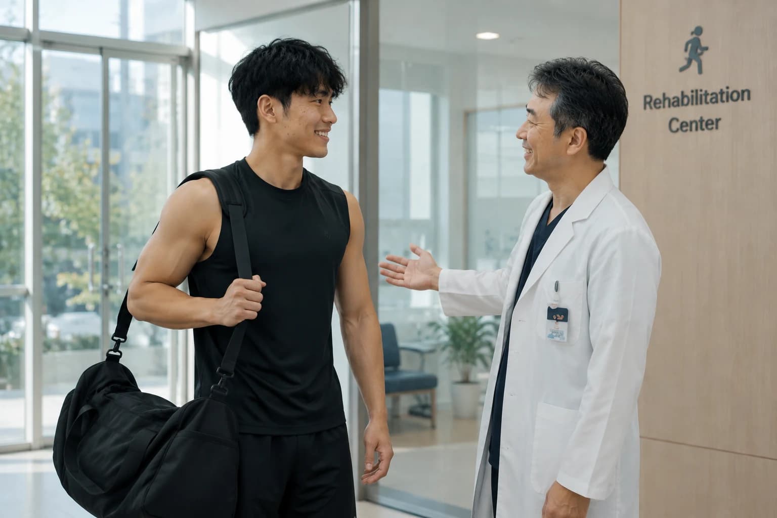 가방을 메고 재활센터를 나서는 환자와 배웅하는 의료진.