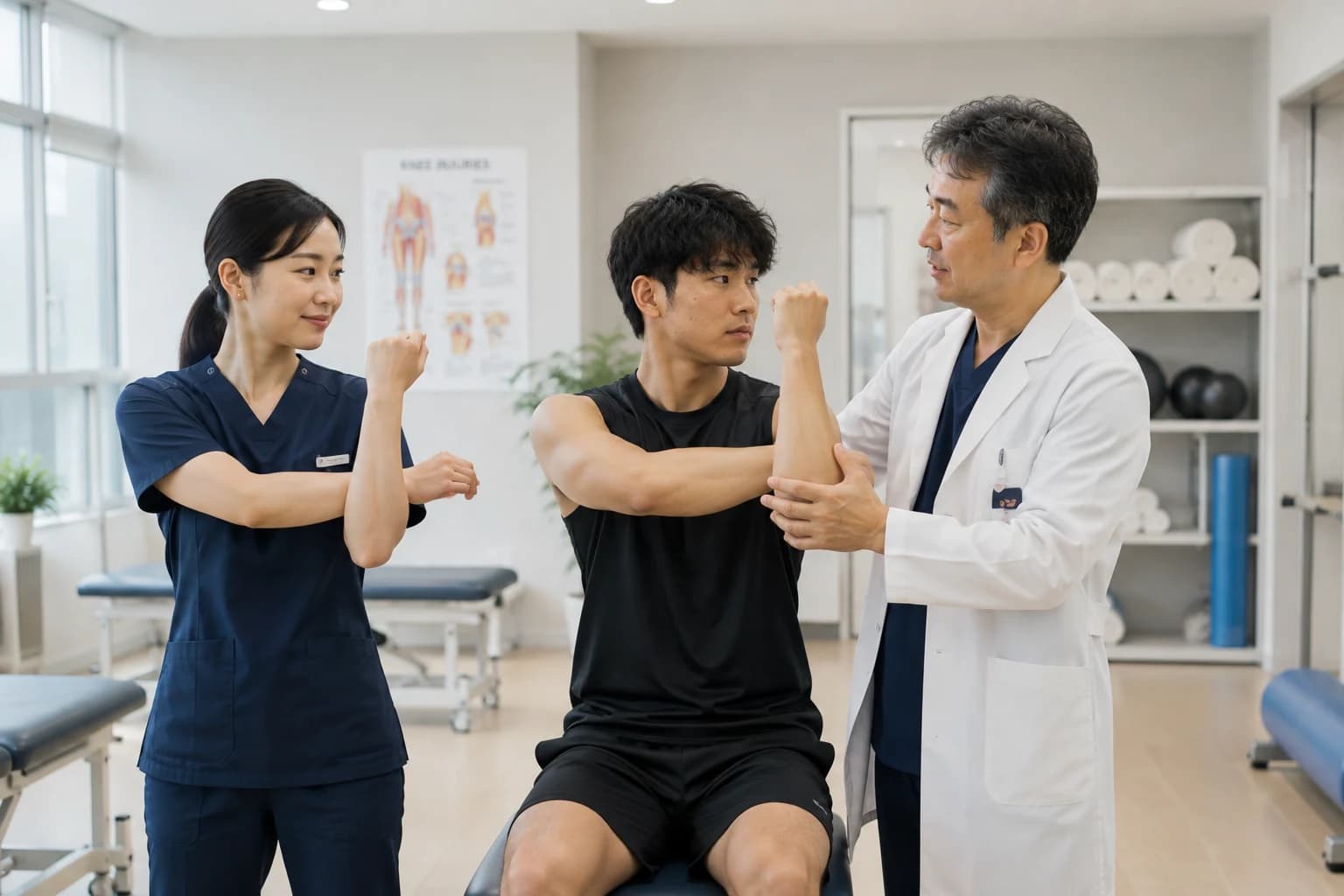 치료실에서 의료진이 환자의 팔 동작을 옆에서 지도하는 장면.