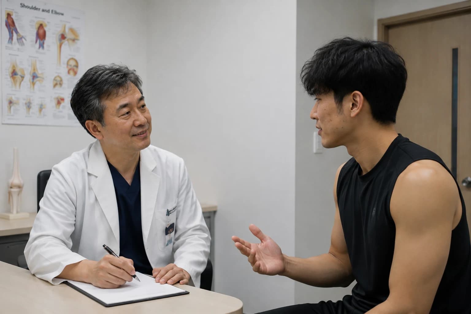 진료실에서 의료진과 환자가 마주 앉아 상태를 이야기하는 장면.