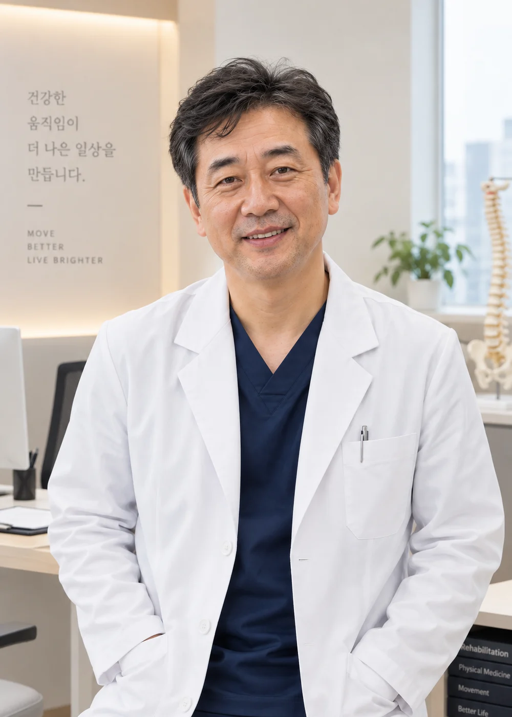 흰 가운을 입고 진료실에 앉아 있는 의료진의 상반신.