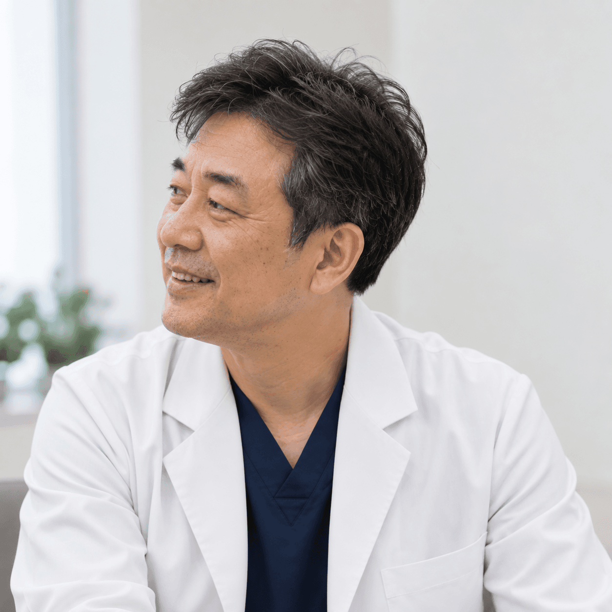 흰 가운을 입고 진료실에 앉아 있는 의료진. 정면을 조금 벗어난 시선.