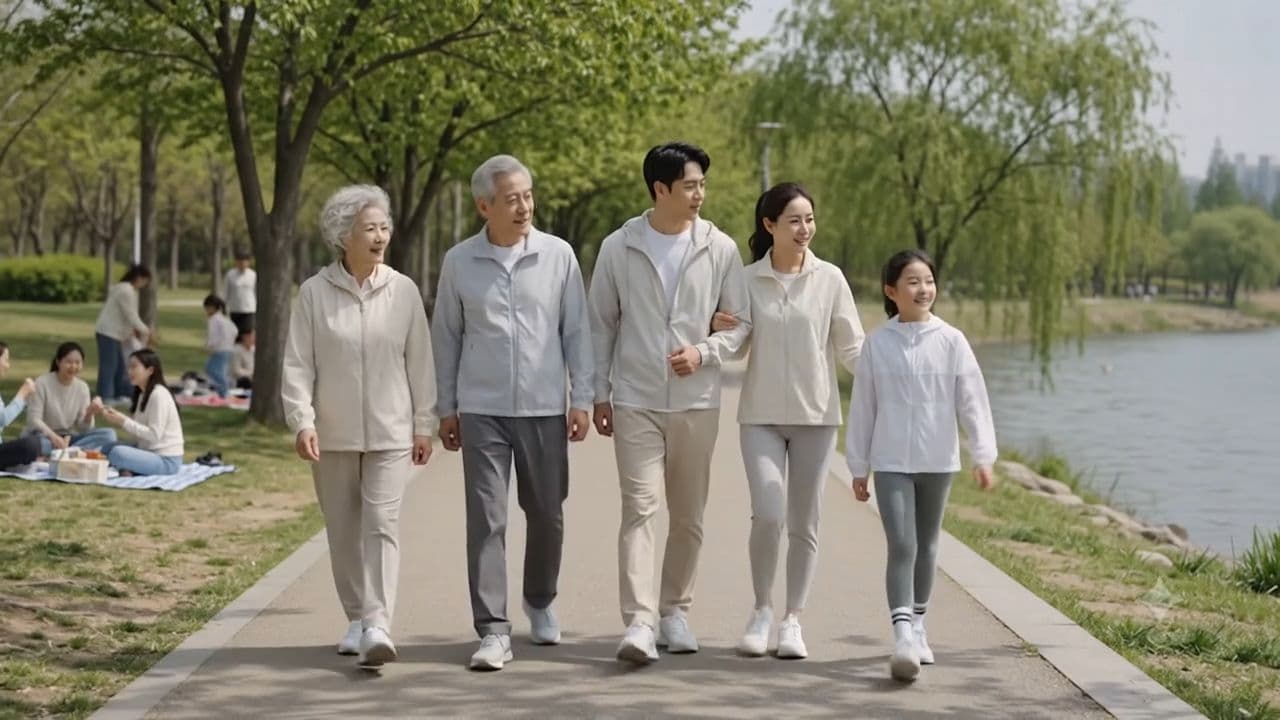 공원 산책로를 나란히 걷는 세 세대의 가족.